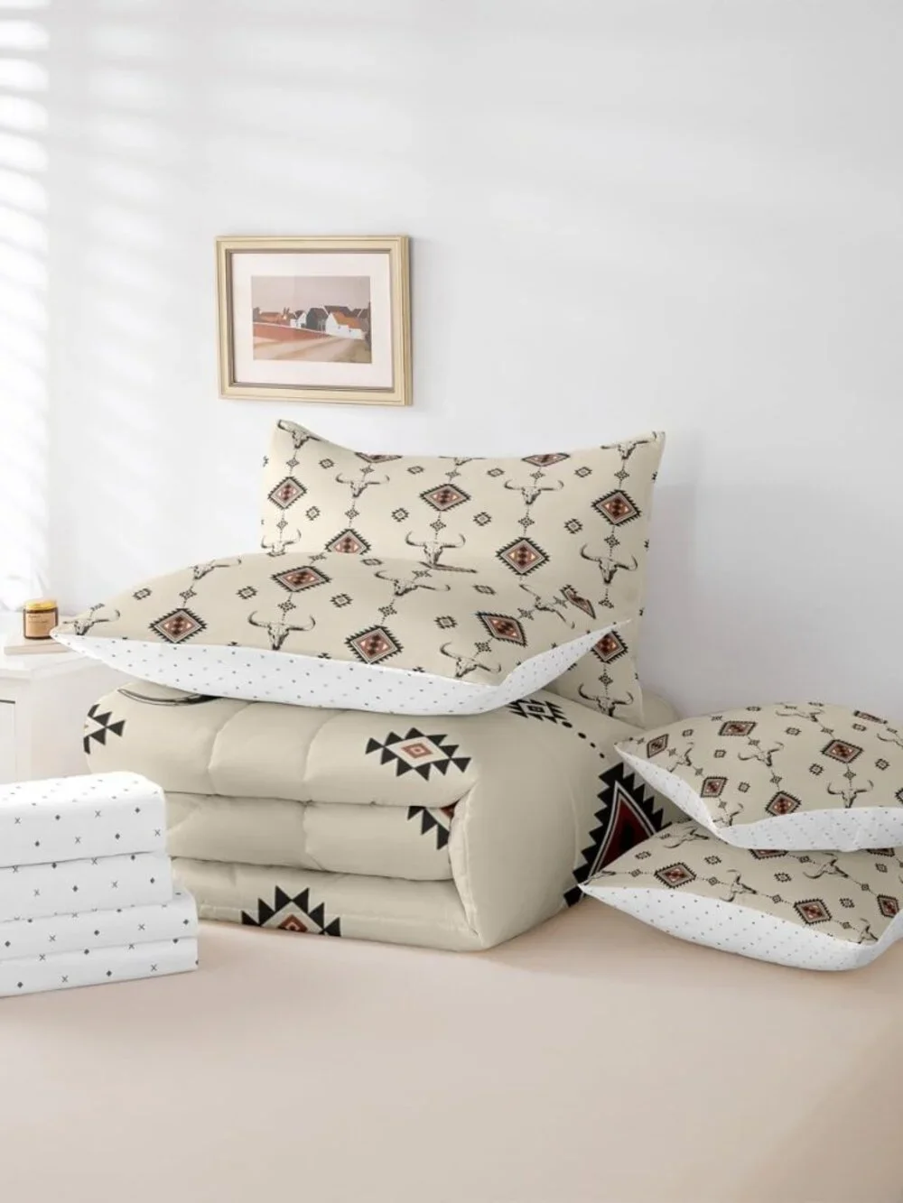 Western Reversible 7 Pieces Comforter Set,Tribal Southwestern Boho Bed Sheet Set